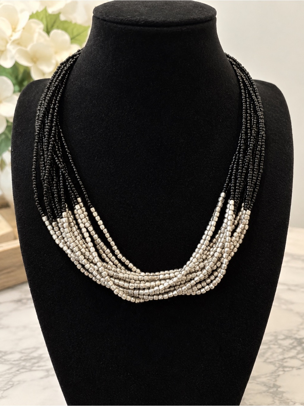 Black & Silver Tone Multi Strand Seed Bead Statement Necklace Adjustable